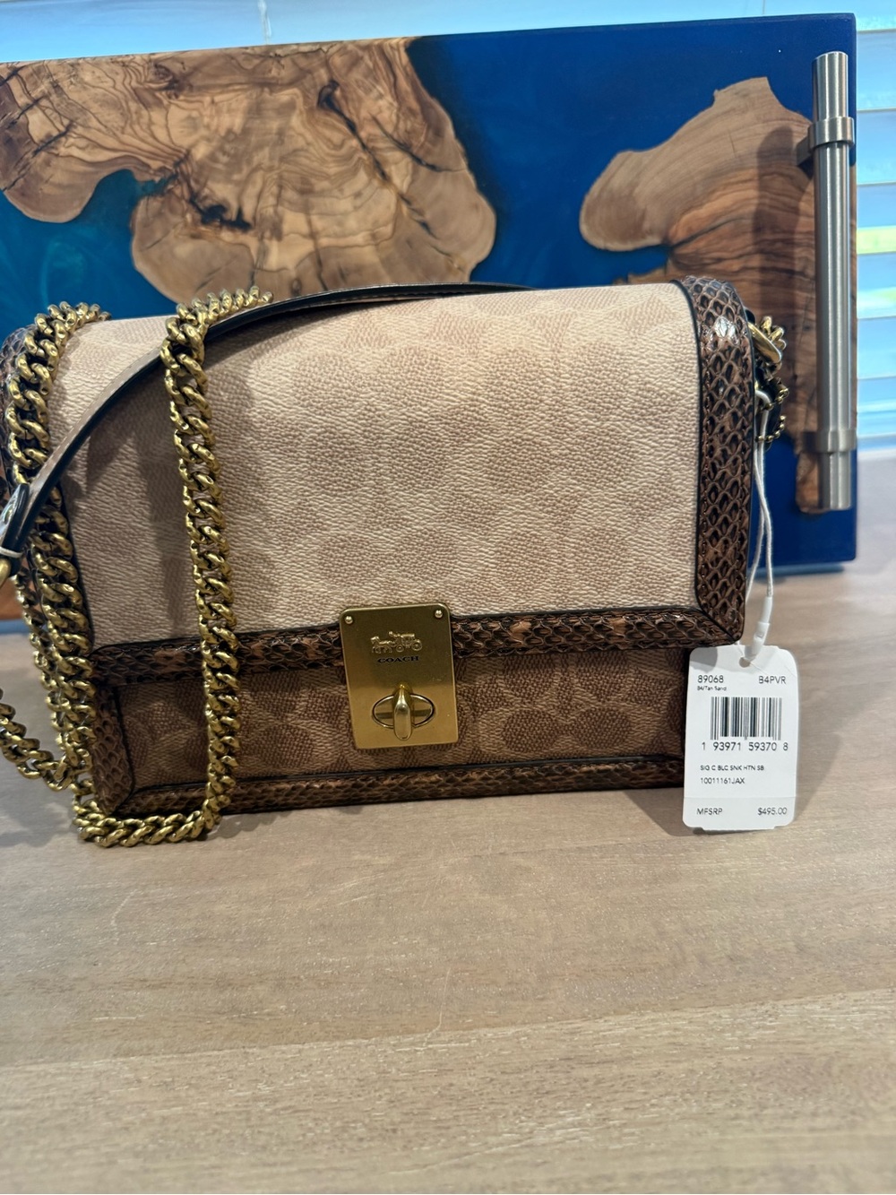 Coach Beige and Brown Signature Chain Crossbody Bag with Gold Hardware - Picture 10 of 10